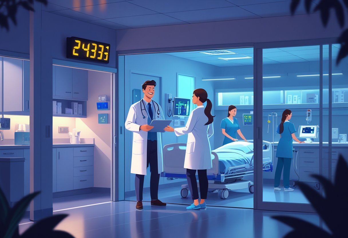 Médico atendendo paciente em hospital à noite, com relógio digital mostrando hora tardia e equipe médica trabalhando ao fundo.