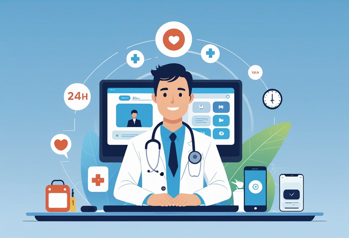 Um médico atendendo um paciente por videochamada em um computador, com ícones de saúde e um relógio indicando atendimento 24 horas.