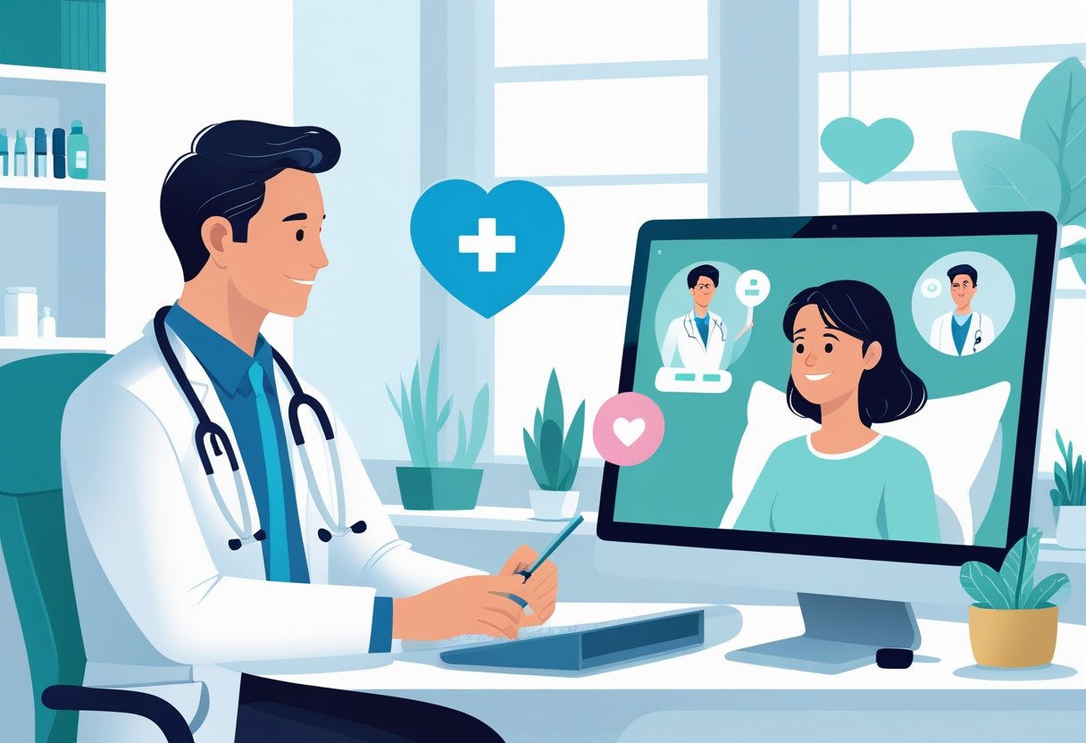 Um médico em um consultório moderno atendendo um paciente por meio de uma tela de computador, simbolizando o atendimento médico à distância.