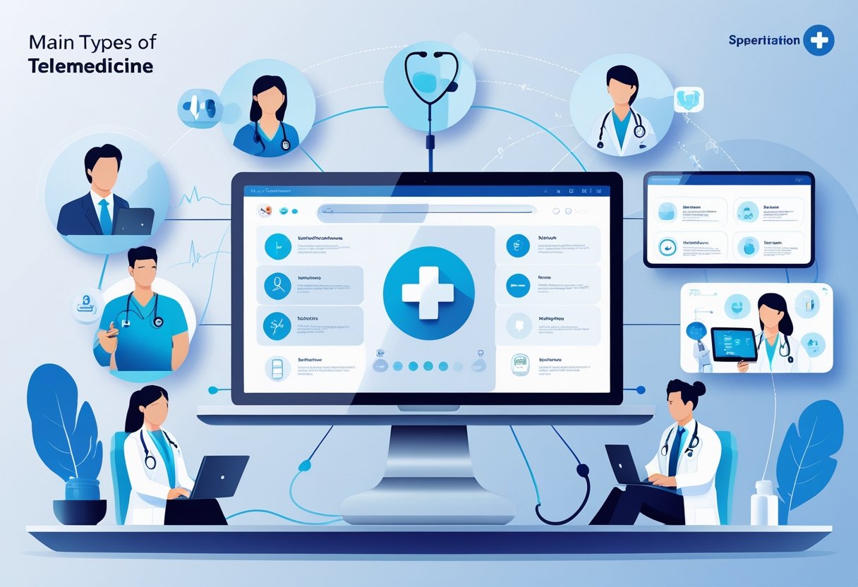 Ilustração mostrando diferentes tipos de telemedicina, incluindo consulta por vídeo, monitoramento remoto de pacientes, análise de exames digitais e aconselhamento virtual de medicamentos.