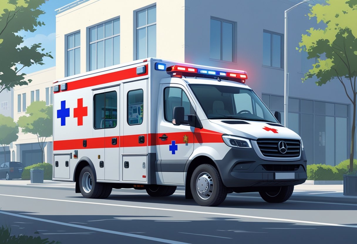Uma ambulância moderna estacionada em uma rua da cidade, com faixas vermelhas e azuis e uma cruz vermelha na lateral.