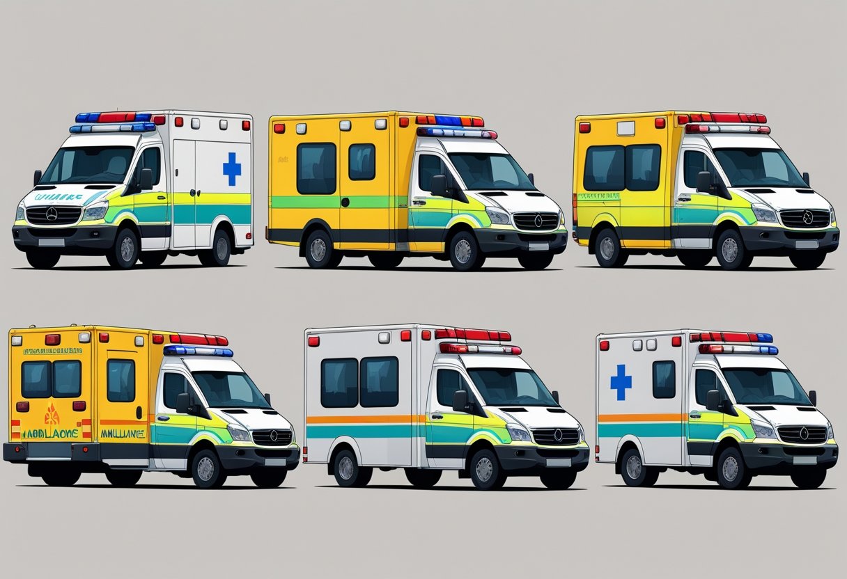 Quatro tipos diferentes de ambulâncias alinhadas lado a lado, cada uma com características distintas, incluindo ambulância básica, avançada, neonatal e para terrenos acidentados.
