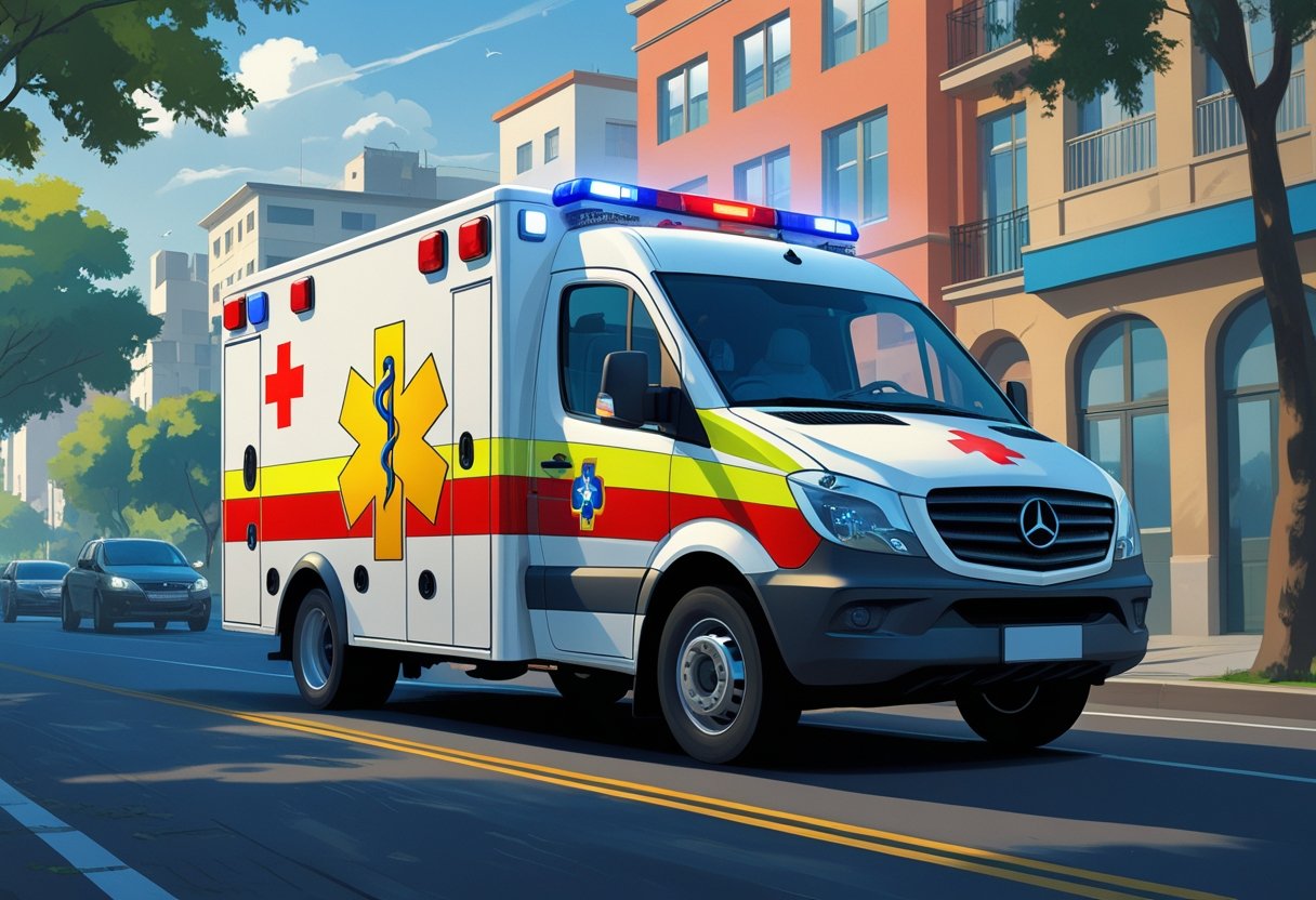 Uma ambulância brasileira branca com faixas vermelhas e amarelas circulando por uma rua da cidade durante o dia, com luzes de emergência piscando.