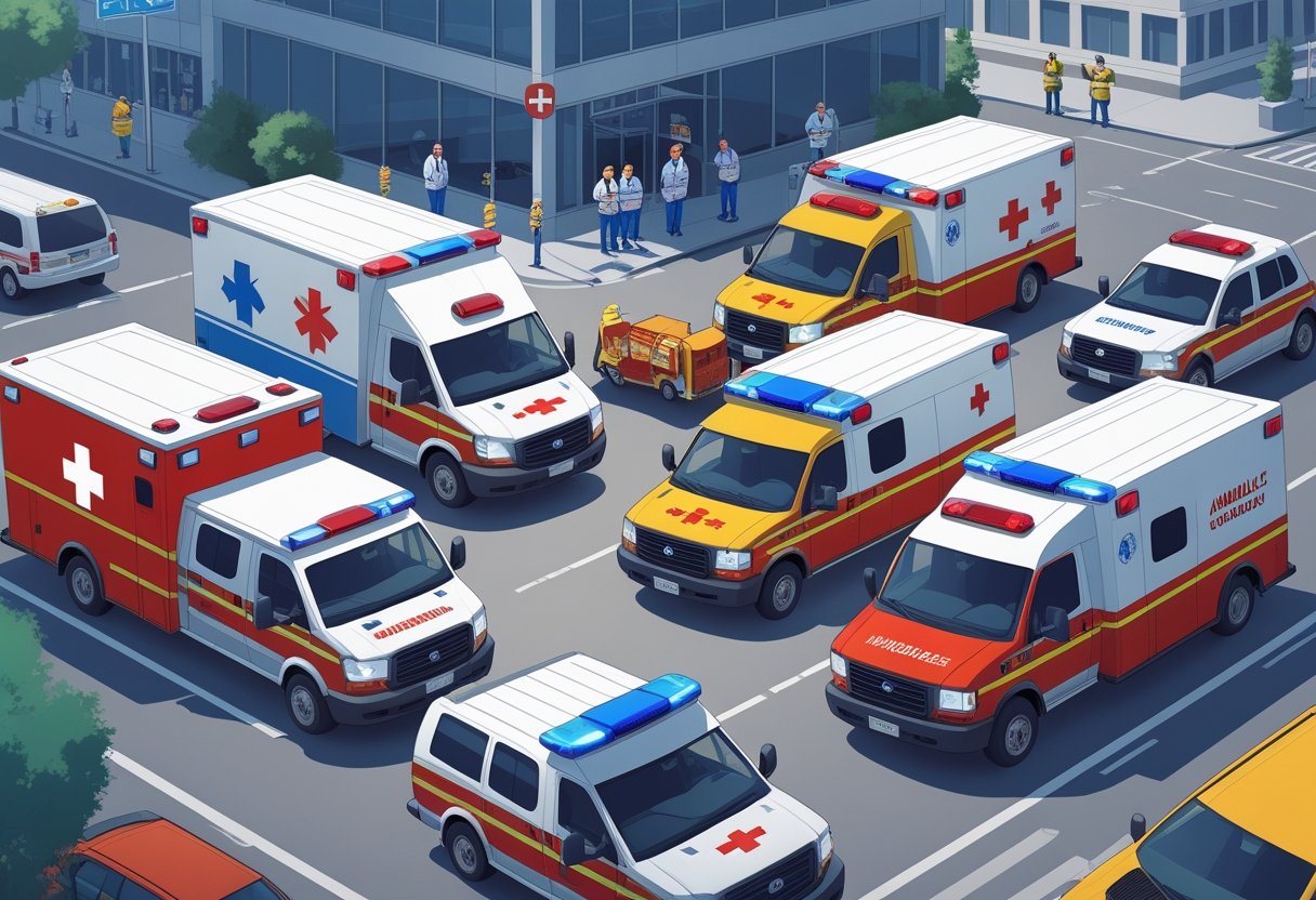 Vários tipos de ambulâncias diferentes em um ambiente urbano, mostrando diferentes serviços de ambulância em ação perto de hospitais e ruas da cidade.