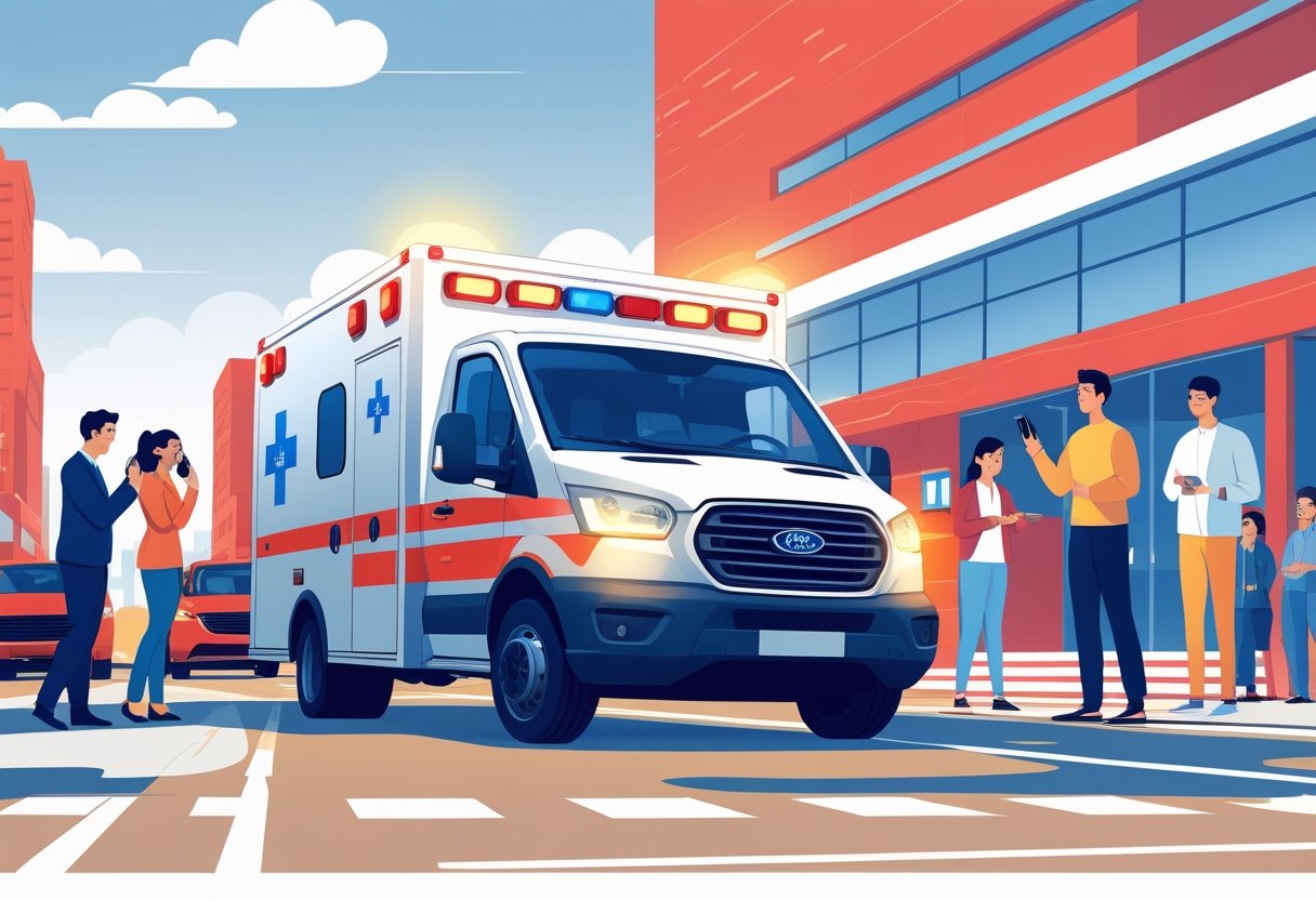 Uma ambulância com luzes piscando em uma rua da cidade, uma pessoa fazendo uma ligação de emergência em seu celular, com um hospital e socorristas ao fundo.