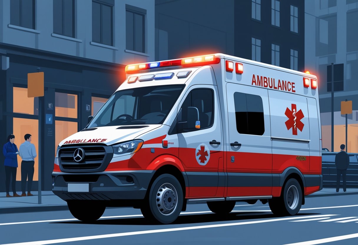 Uma ambulância de emergência parada em uma rua da cidade com luzes de emergência ligadas e pessoas ao fundo observando.