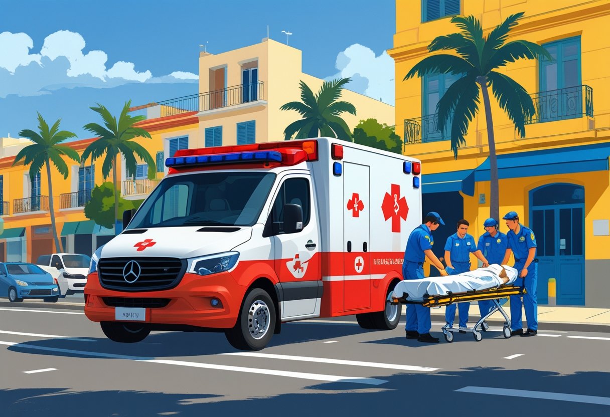 Uma ambulância brasileira estacionada em uma rua da cidade com paramédicos atendendo um paciente em uma maca.