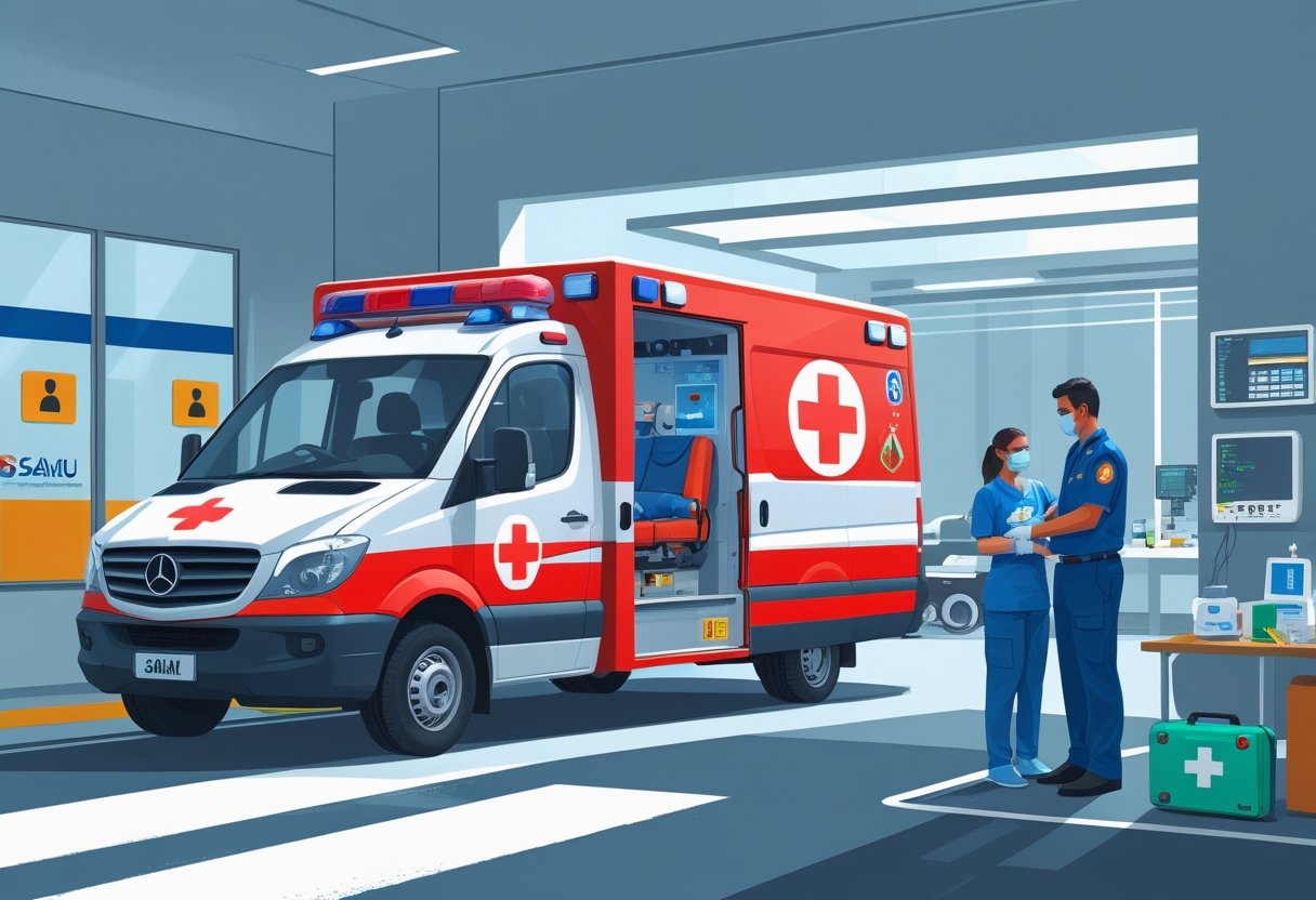 Ambulância do SAMU estacionada em uma rua da cidade com um paramédico atendendo uma pessoa, enquanto operadores trabalham em um centro de controle ao fundo.