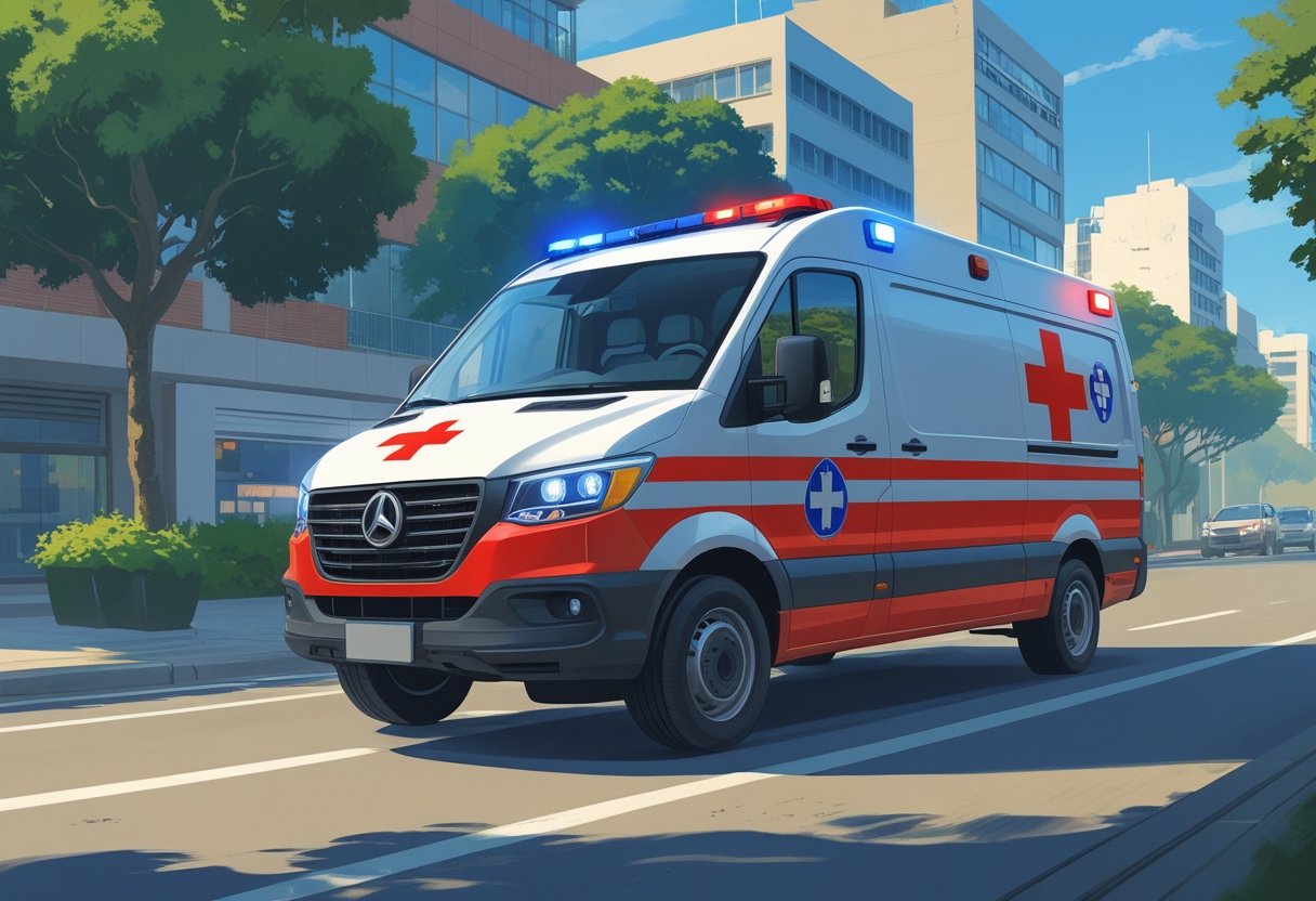 Uma ambulância brasileira branca com faixas vermelhas e luzes de emergência ligadas em uma rua da cidade.