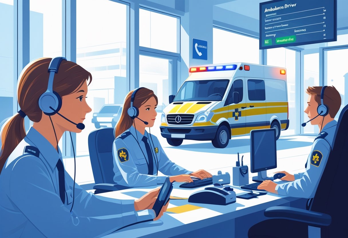 Cena mostrando operadores de central de atendimento de ambulância atendendo chamadas e uma ambulância pronta para sair da base.