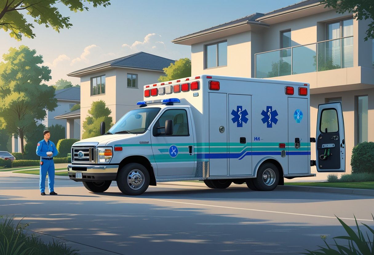 Uma ambulância particular branca estacionada em frente a um prédio residencial, com um paramédico ao lado e equipamentos médicos visíveis no interior da ambulância.