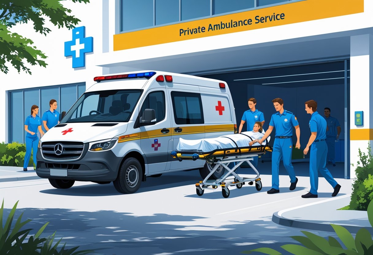 Uma ambulância particular estacionada em frente a um hospital, com paramédicos ajudando um paciente em uma maca a entrar na ambulância.