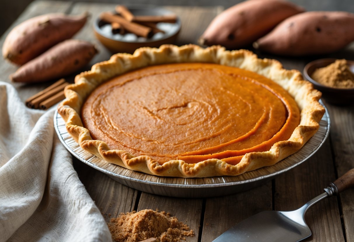 A freshly baked sweet potato pie on a wooden table surrounded by sweet potatoes, cinnamon sticks, and spices.
