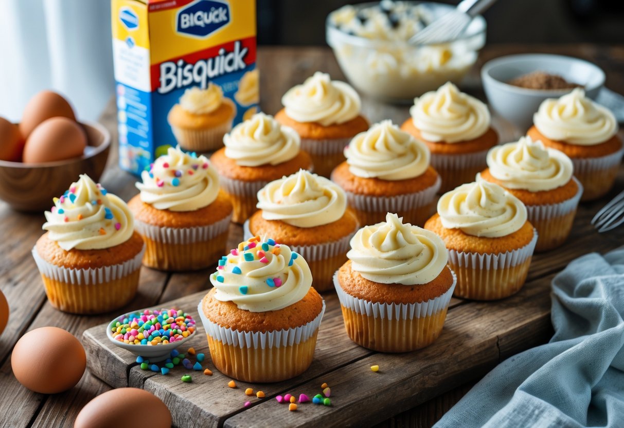 A table with freshly baked cupcakes, baking ingredients, and utensils arranged around them.