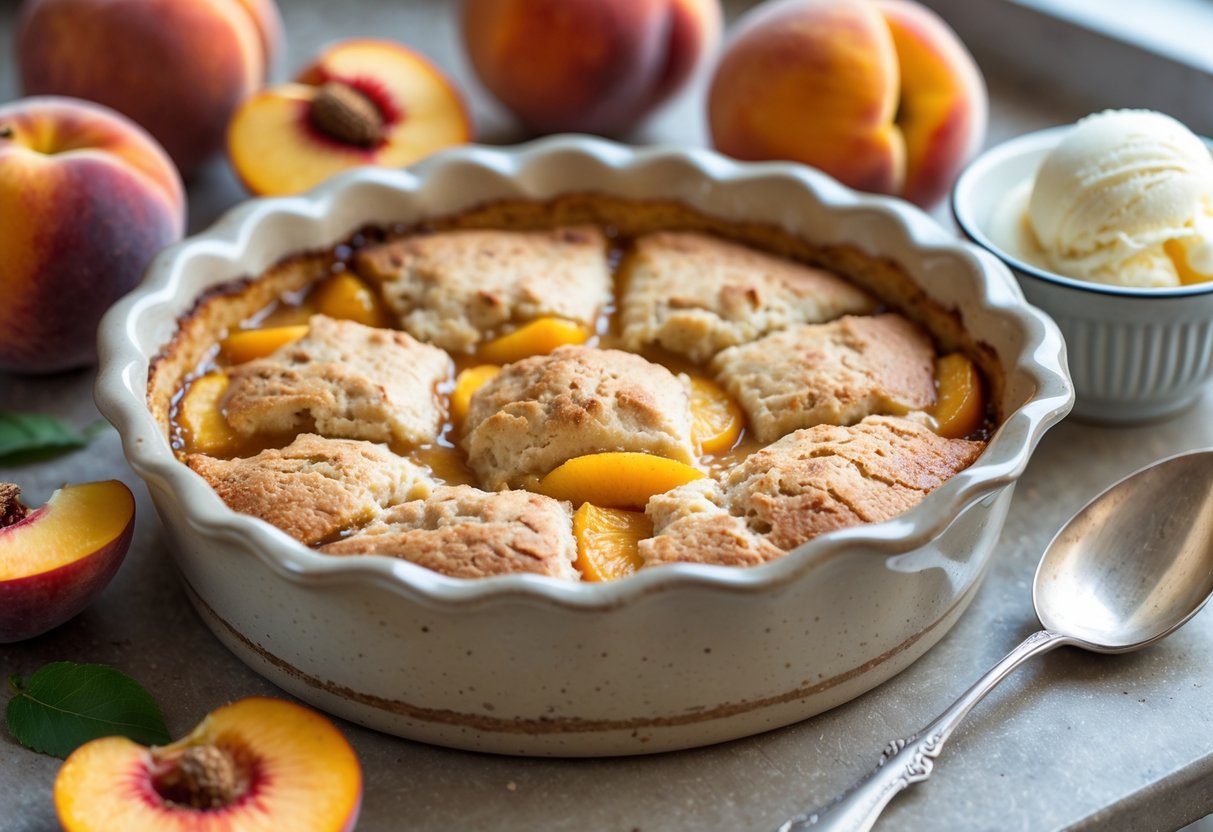 A freshly baked peach cobbler with golden crust in a baking dish surrounded by fresh peaches and a bowl of melting vanilla ice cream on a kitchen countertop.