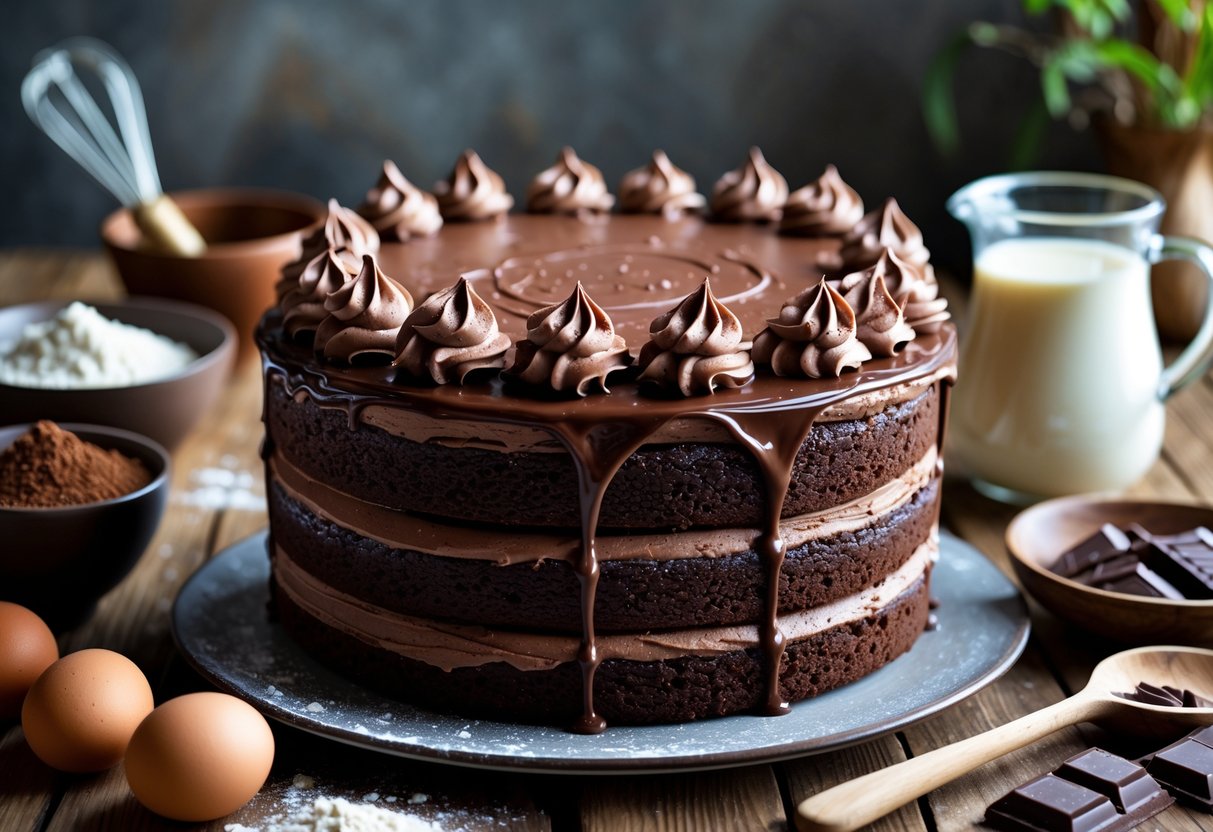 A chocolate cake with chocolate frosting on a wooden table surrounded by baking ingredients like cocoa powder, eggs, milk, and dark chocolate.