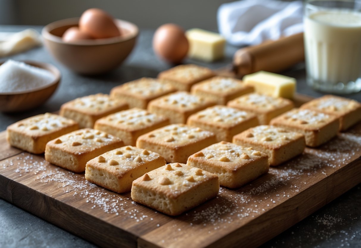 Freshly baked square sugar cookies dusted with sugar on a wooden board with baking ingredients around them.