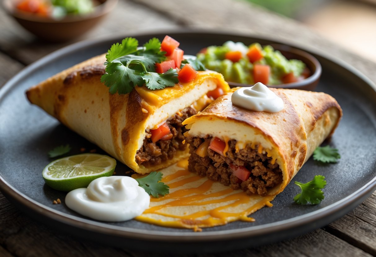 A plated chimichanga filled with cheesecake and taco ingredients, garnished with sour cream, salsa, and guacamole on a wooden table.