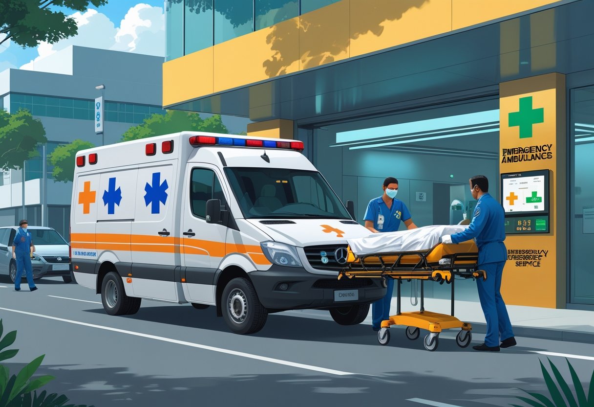 Ambulância brasileira com profissionais de saúde atendendo um paciente em frente a um hospital, mostrando o funcionamento do atendimento de emergência médica no Brasil.