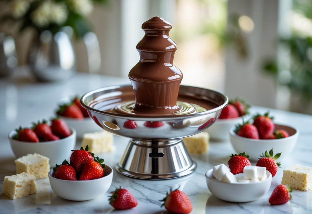 A chocolate fountain flowing with creamy melted chocolate surrounded by bowls of strawberries, marshmallows, and cake cubes on a countertop.