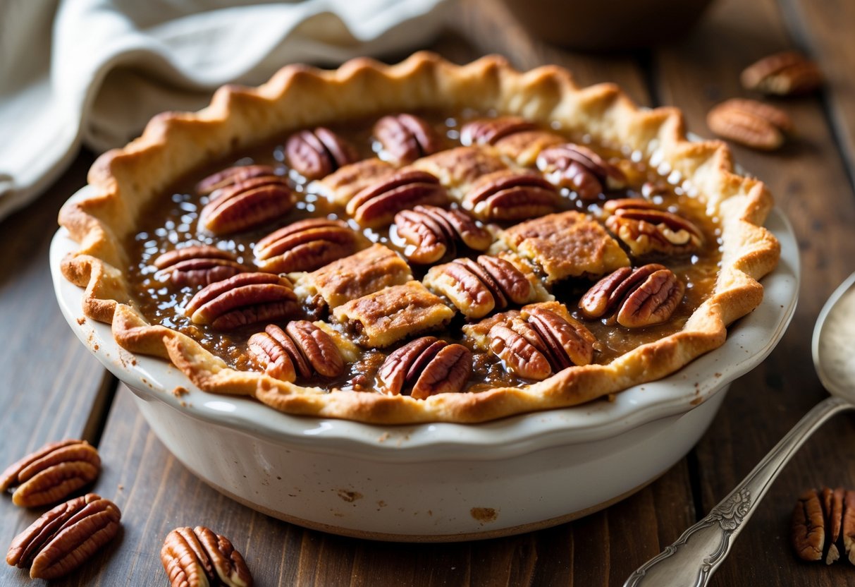 A freshly baked pecan pie cobbler in a ceramic dish on a wooden table with pecans scattered around.
