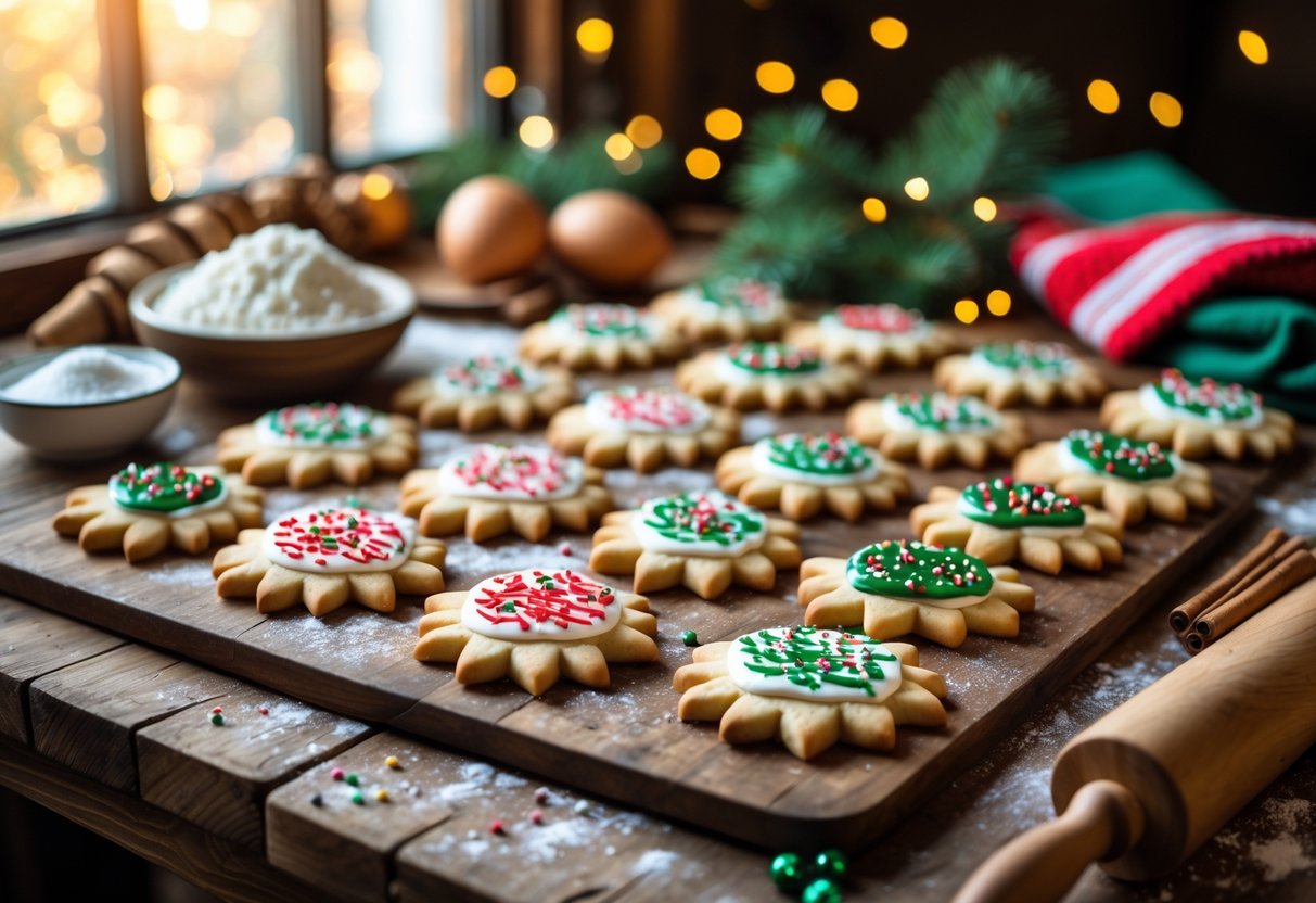 Freshly baked Kris Kringle-shaped Christmas cookies on a wooden table with baking ingredients and festive decorations in a cozy kitchen.