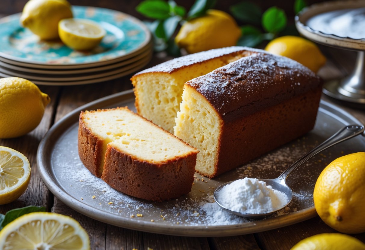 A freshly baked lemon pound cake sliced on a wooden table with fresh lemons and a cake server nearby.