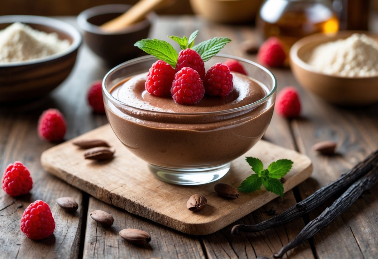 A glass bowl of chocolate mousse topped with raspberries and mint on a wooden table with baking ingredients around it.
