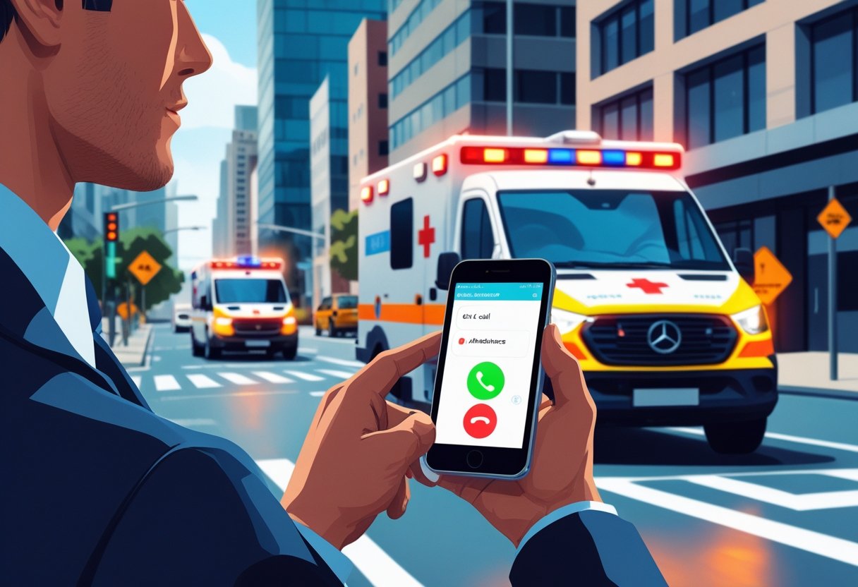 Telefone da Ambulância: Como Acionar o Serviço de Emergência Médica no Brasil 4 Pessoa segurando um smartphone fazendo uma chamada de emergência para ambulância, com uma ambulância se aproximando em uma rua da cidade ao fundo.