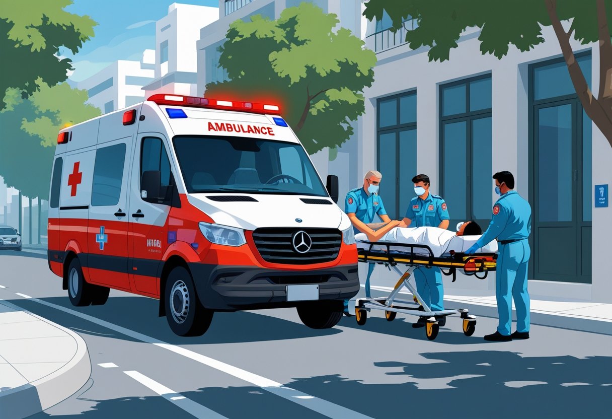 Telefone da Ambulância: Como Acionar o Serviço de Emergência Médica no Brasil 5 Uma ambulância vermelha e branca com luzes de emergência, paramédicos atendendo um paciente em uma maca em uma rua da cidade com prédios ao fundo.