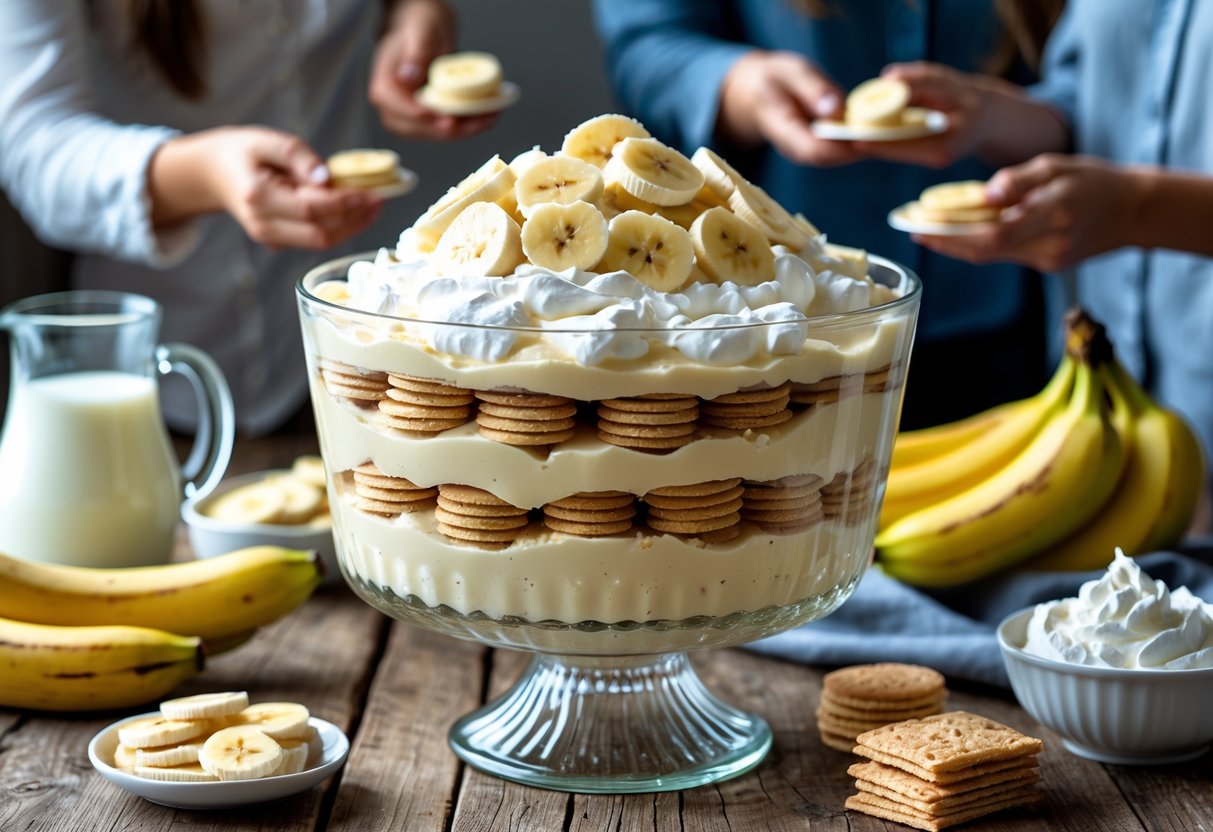 A large bowl of banana pudding with layers of vanilla wafers and banana slices on a wooden table surrounded by ingredients and people reaching to serve themselves.