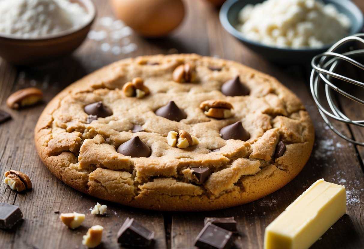 A large homemade cookie with chocolate chunks on a wooden table surrounded by baking ingredients.