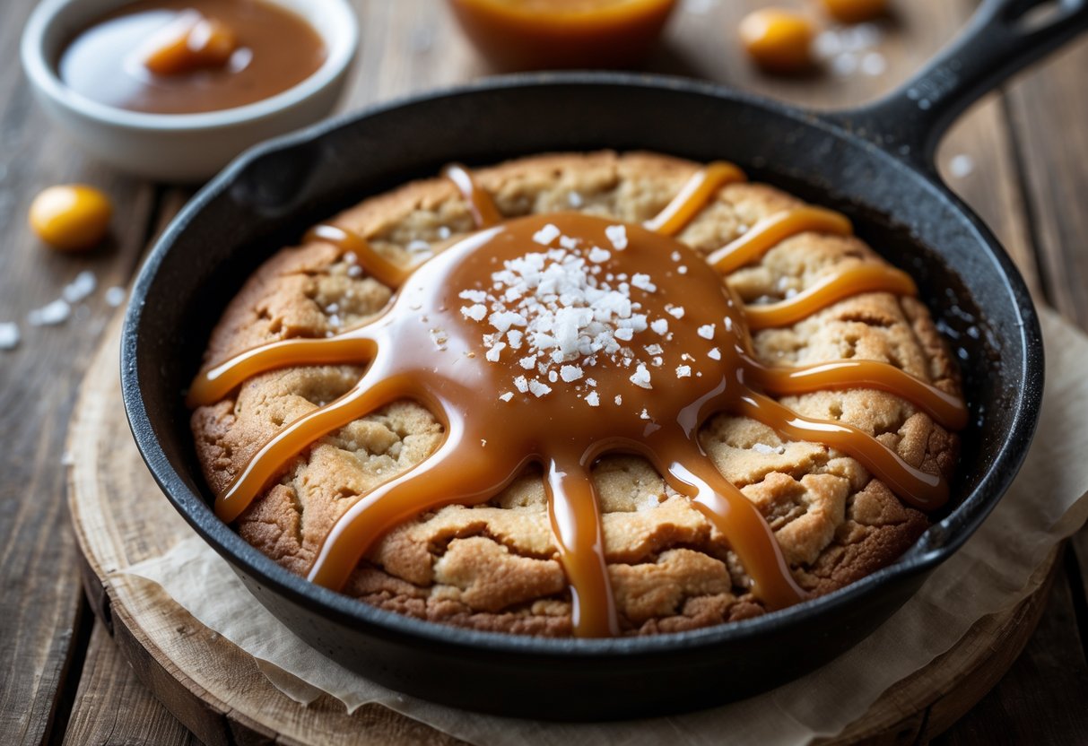 A freshly baked salted caramel pizookie in a skillet with caramel drizzle and sea salt on a wooden table.
