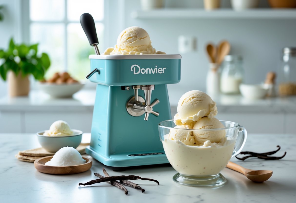 A kitchen countertop with a Donvier-style ice cream maker, bowls of vanilla ice cream mixture and ingredients, and a glass bowl of freshly churned vanilla ice cream.
