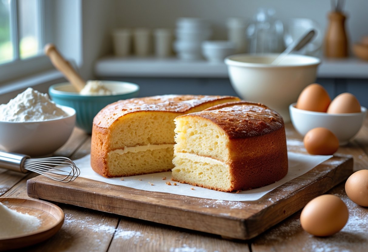 A freshly baked golden genoise sponge cake on a wooden surface with baking tools and ingredients nearby in a bright kitchen.