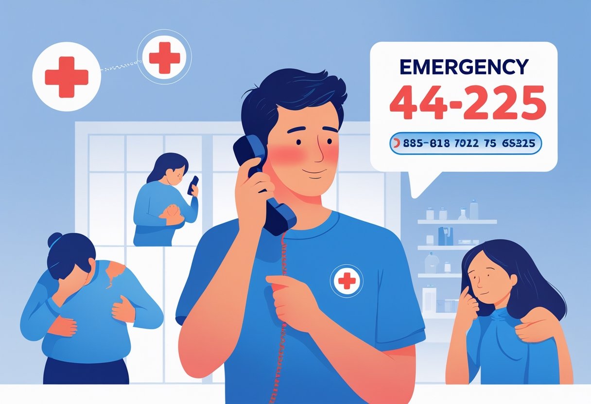 Ambulância Telefone: Números de Emergência e Como Solicitar Atendimento Médico Urgente 5 Pessoa fazendo uma ligação de emergência em casa, com representações visuais de situações médicas urgentes ao redor.