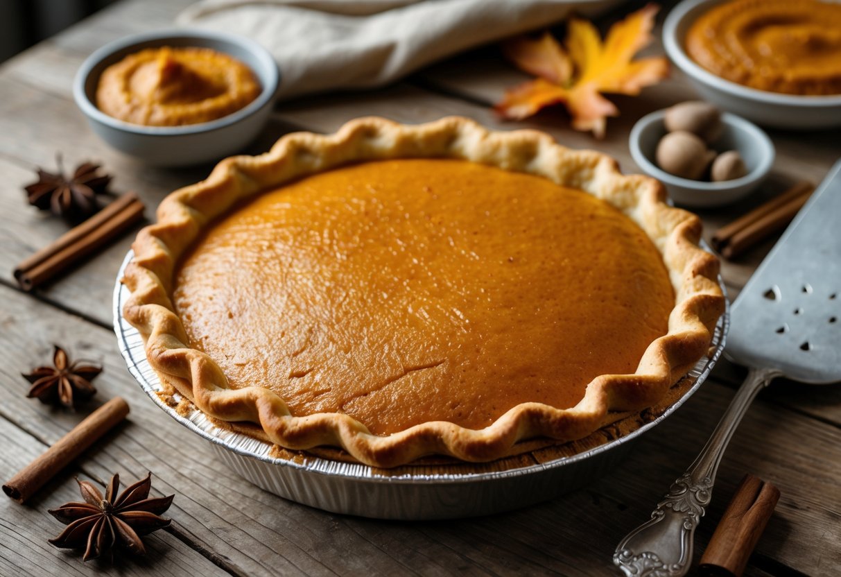 A freshly baked pumpkin pie on a wooden table surrounded by spices and pumpkin puree.