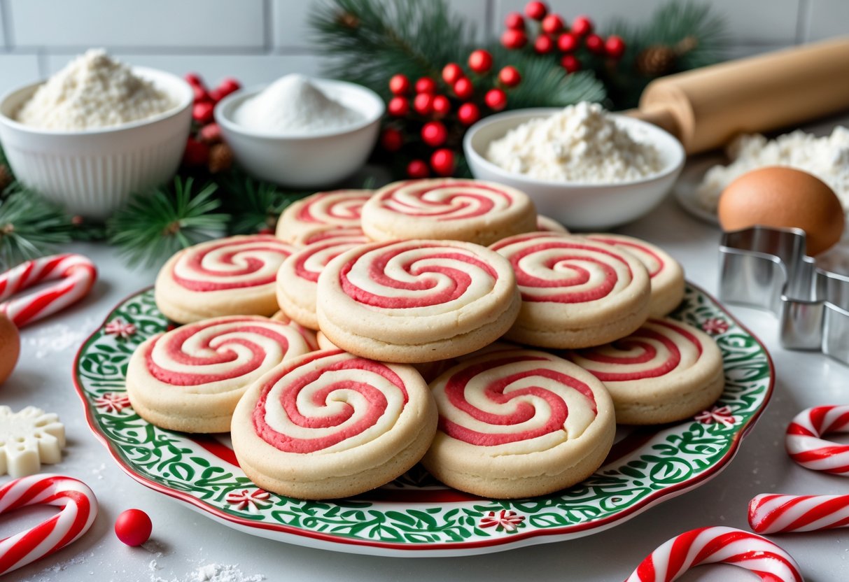 A plate of candy cane cookies on a kitchen counter surrounded by baking ingredients and holiday decorations.