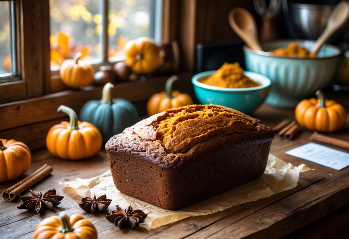 A loaf of pumpkin bread cooling on a wooden countertop surrounded by pumpkins and spices in a kitchen.