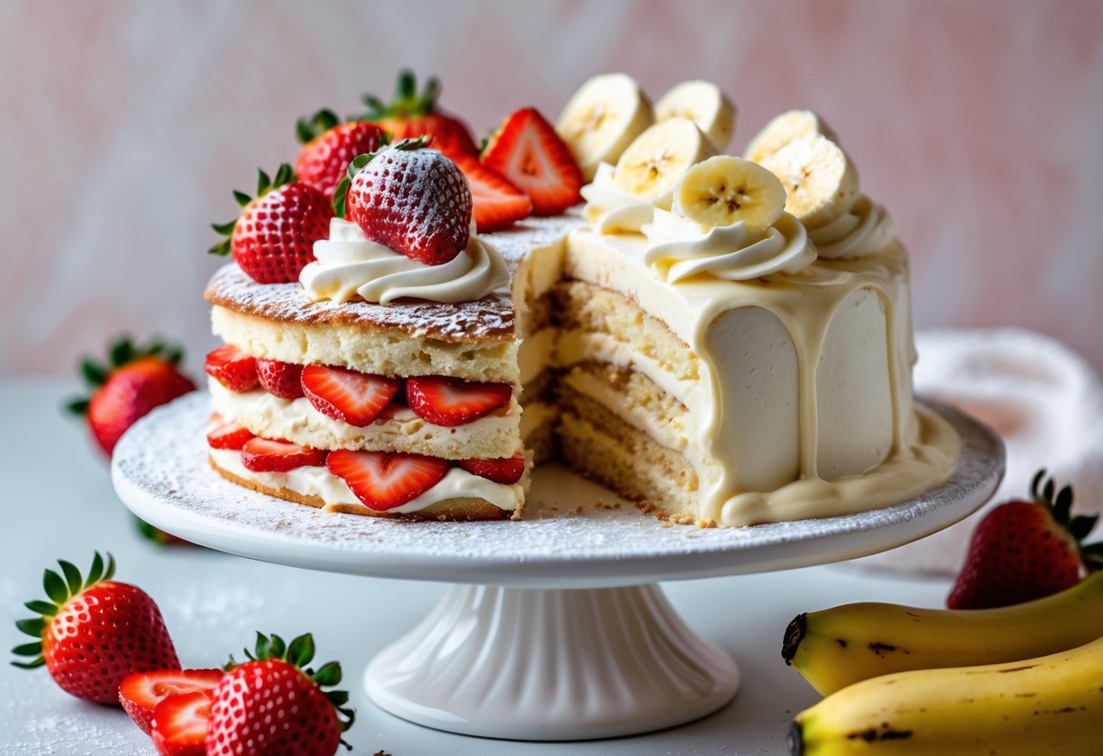 A half strawberry shortcake and half banana pudding cake on a white cake stand with fresh strawberries and banana slices around it.