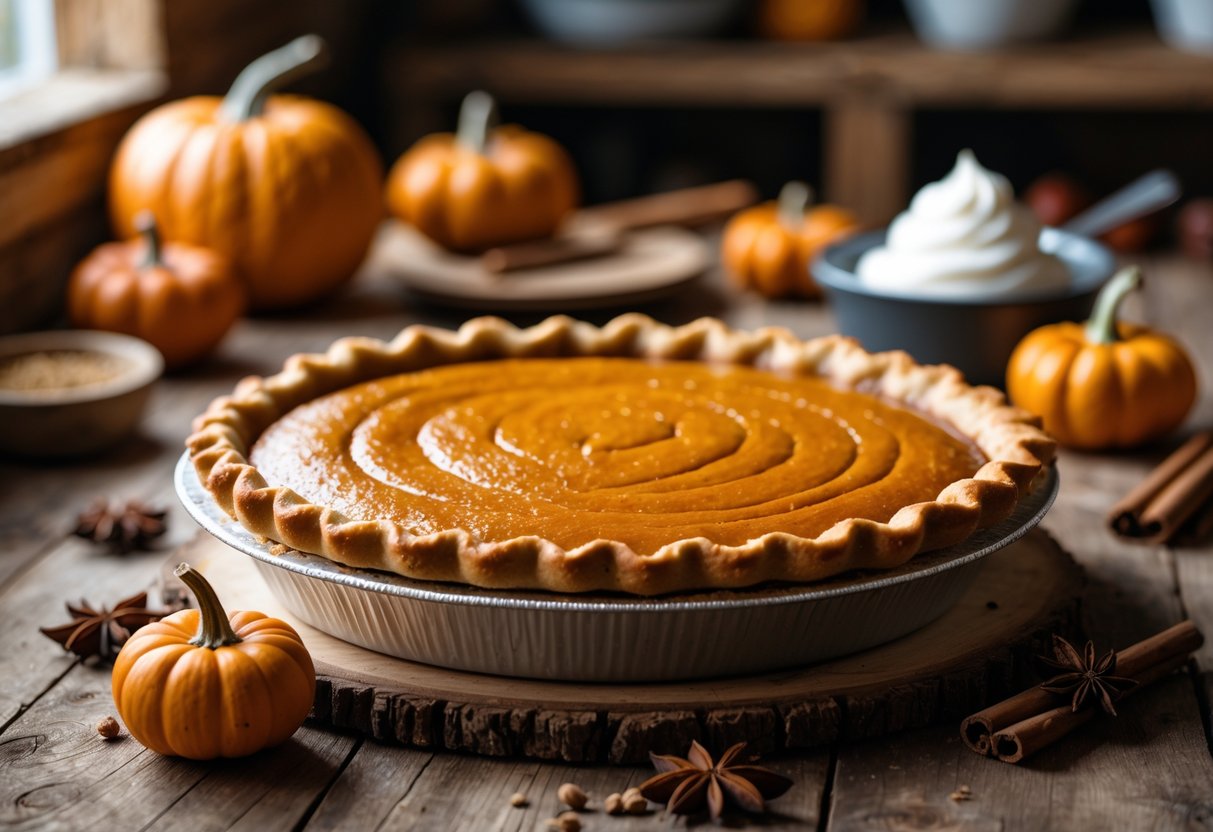 A freshly baked pumpkin pie on a wooden table surrounded by pumpkins and spices.