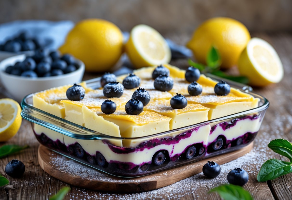 A glass baking dish with lemon blueberry lasagna on a wooden table, surrounded by fresh lemons and blueberries.