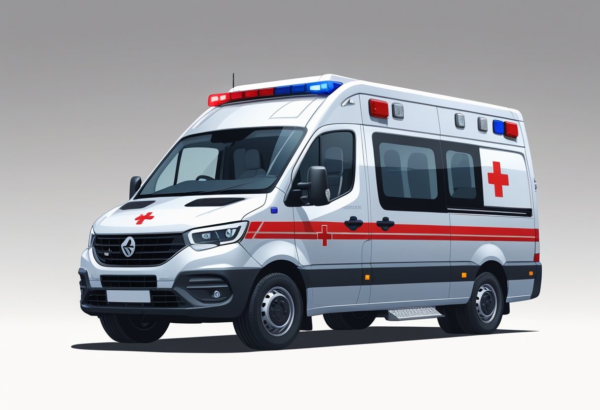 Tipos de Ambulância: Classificações e Características dos Veículos de Socorro Médico no Brasil 5 Ambulância Tipo A branca com marcações vermelhas e azuis, vista de frente e lateral, pronta para transporte simples de pacientes.