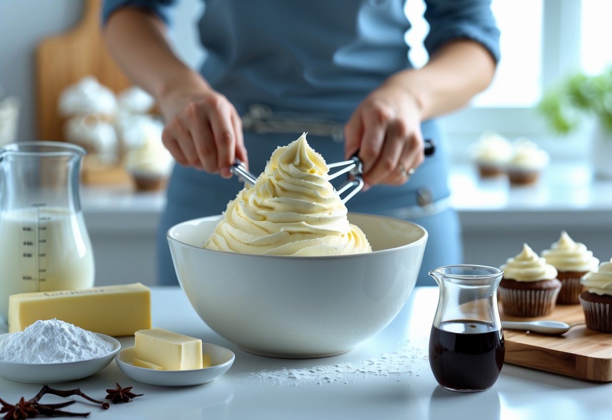 A bowl of creamy frosting being mixed with a hand mixer on a kitchen countertop surrounded by baking ingredients and cupcakes.