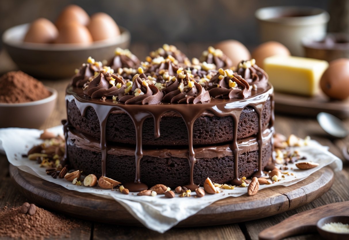 A close-up of a layered chocolate Mississippi mud cake topped with nuts and chocolate drizzle on a wooden table with baking ingredients around it.