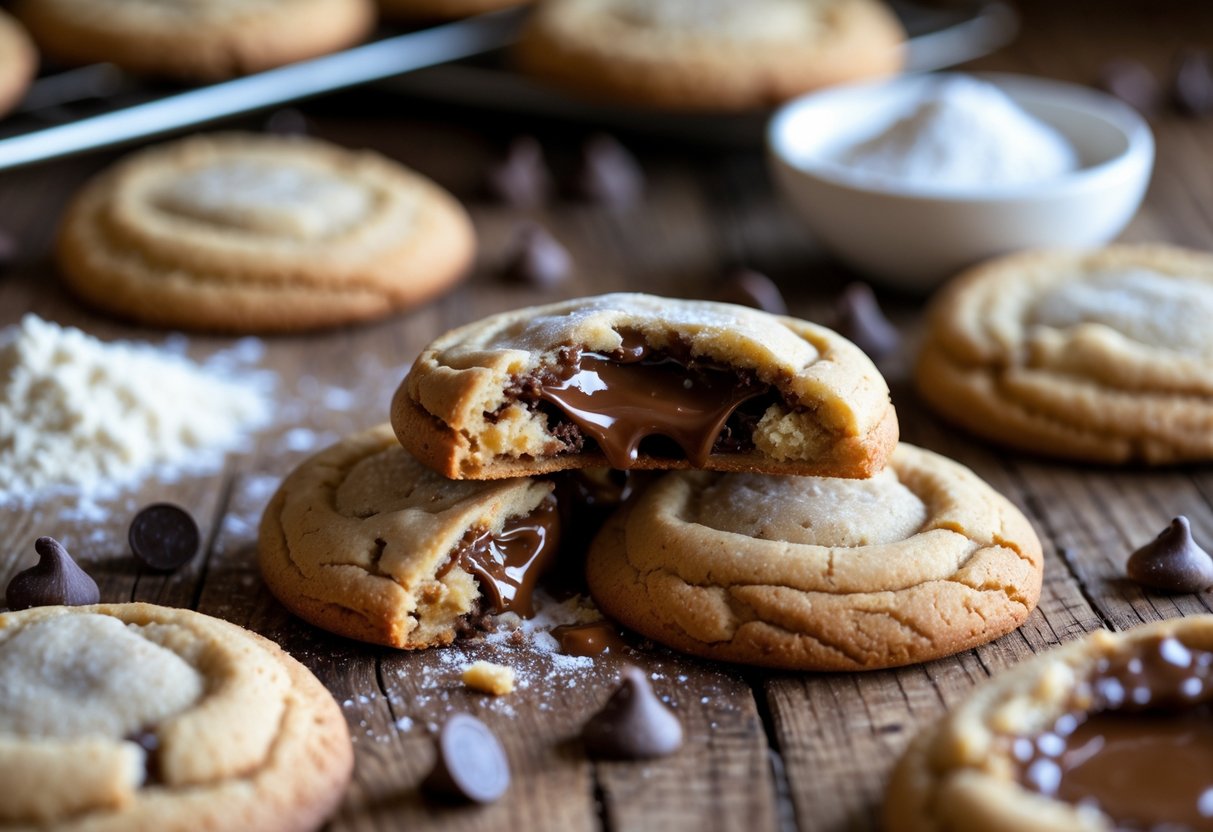 A close-up of freshly baked stuffed cookies with gooey filling on a wooden table surrounded by baking ingredients.