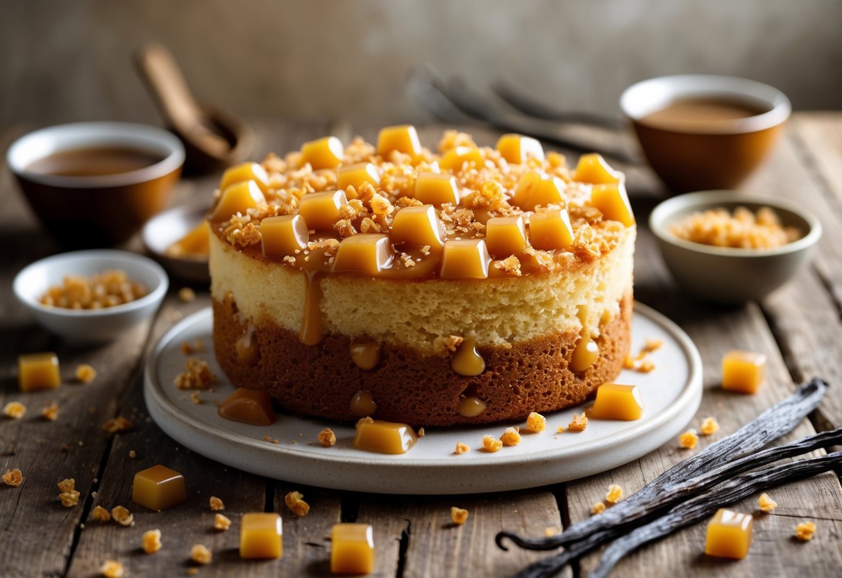 A close-up of a freshly baked dessert with caramel bits on a wooden table, accompanied by bowls of caramel sauce and scattered caramel pieces.