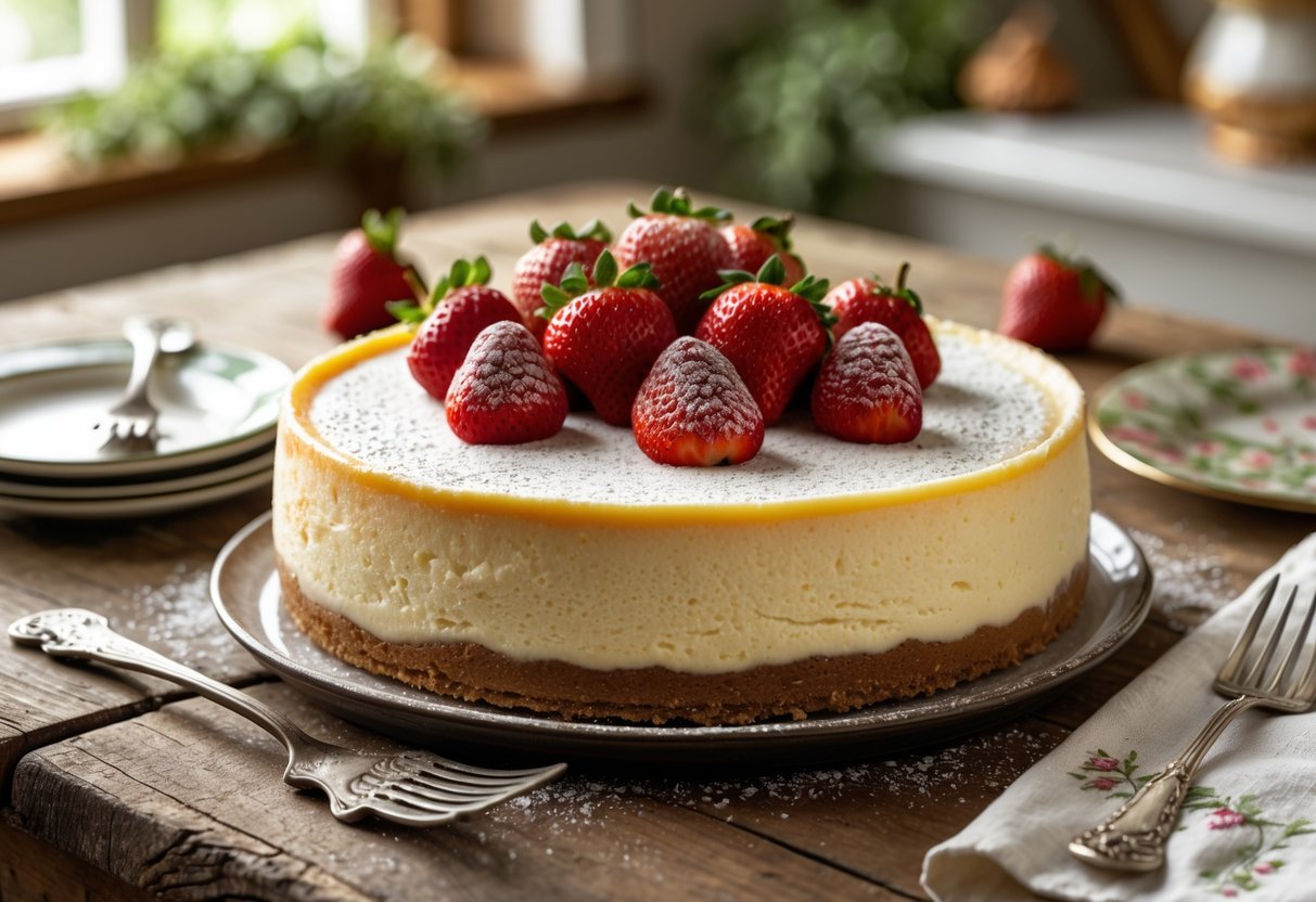 A creamy cheesecake topped with fresh strawberries on a wooden table with a fork and napkin nearby.