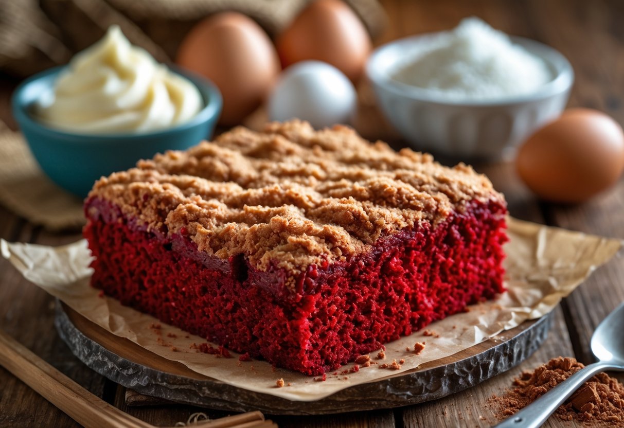 A freshly baked red velvet dump cake on a wooden table with ingredients around it.