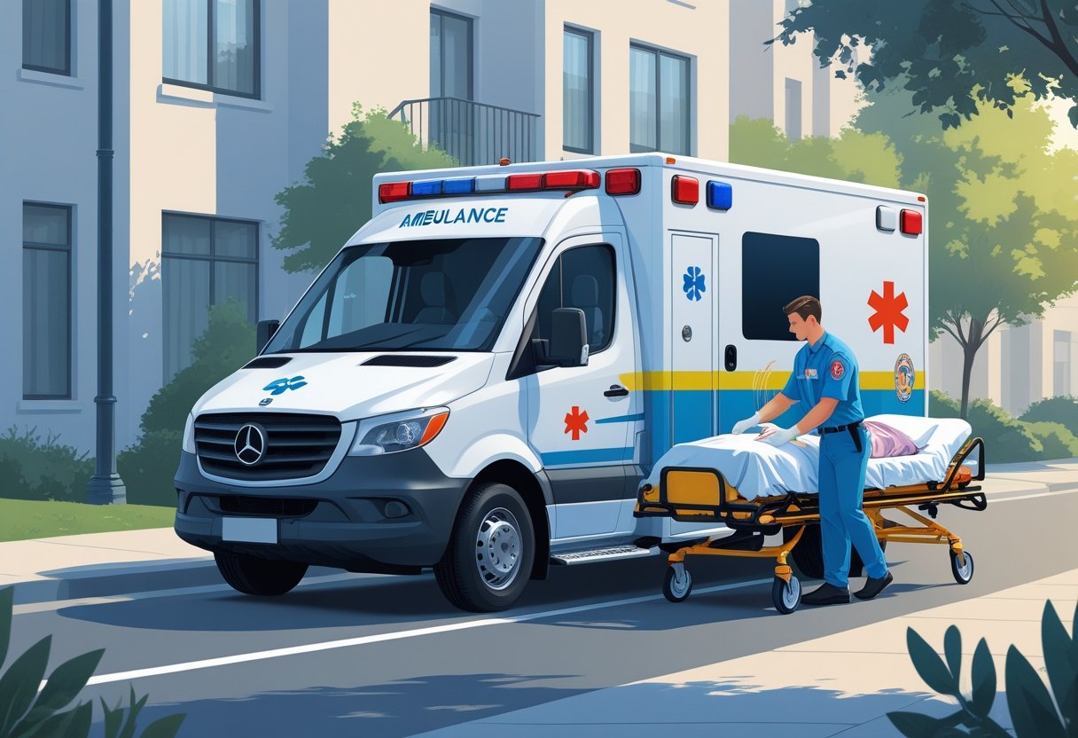 Ambulância Particular Preço: Guia Completo de Custos e Serviços no Brasil 4 Uma ambulância particular estacionada perto de um prédio residencial, com um paramédico ajudando um paciente em uma maca.